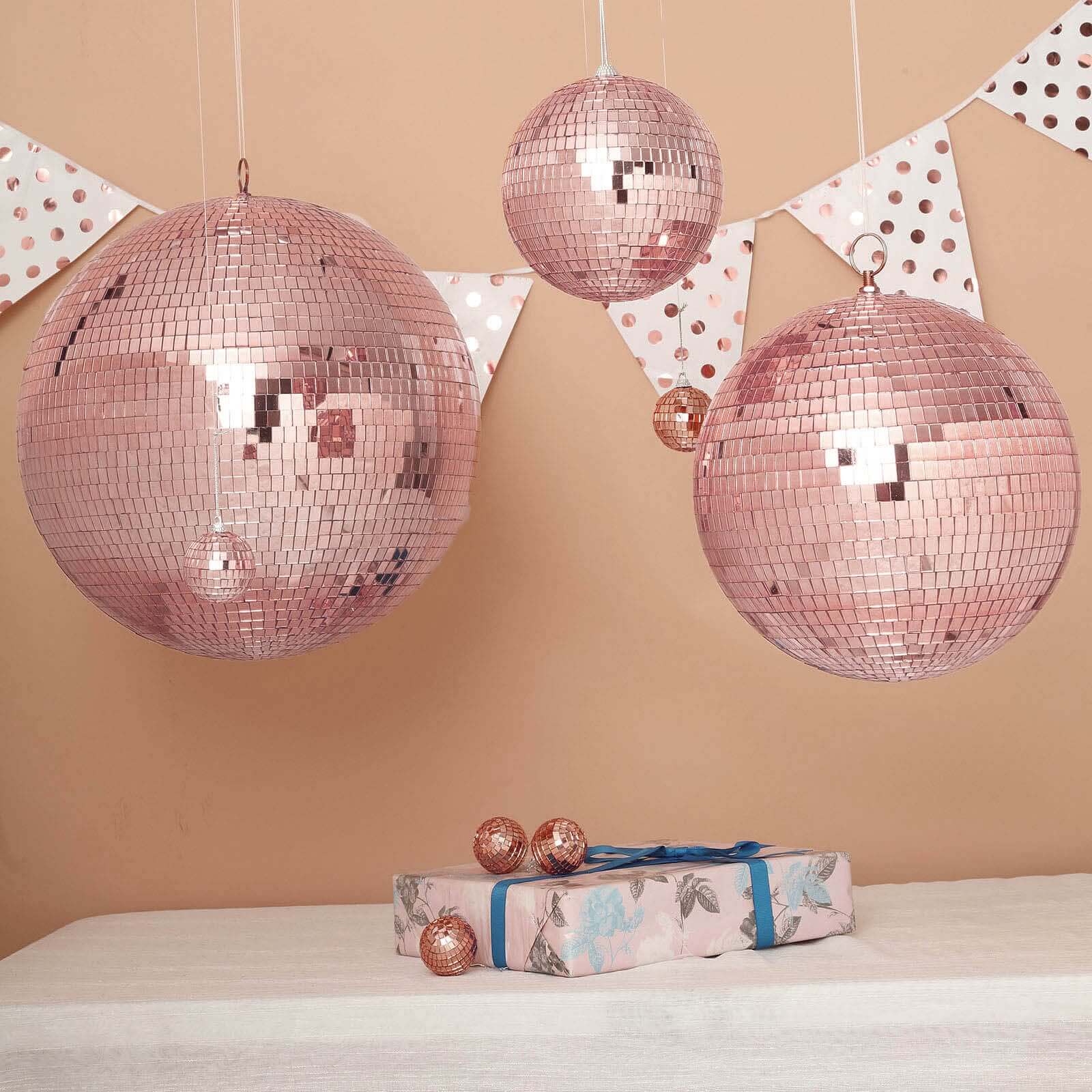 4 Pack Rose Gold Foam Disco Mirror Ball With Hanging Strings, Holiday Christmas Ornaments 6