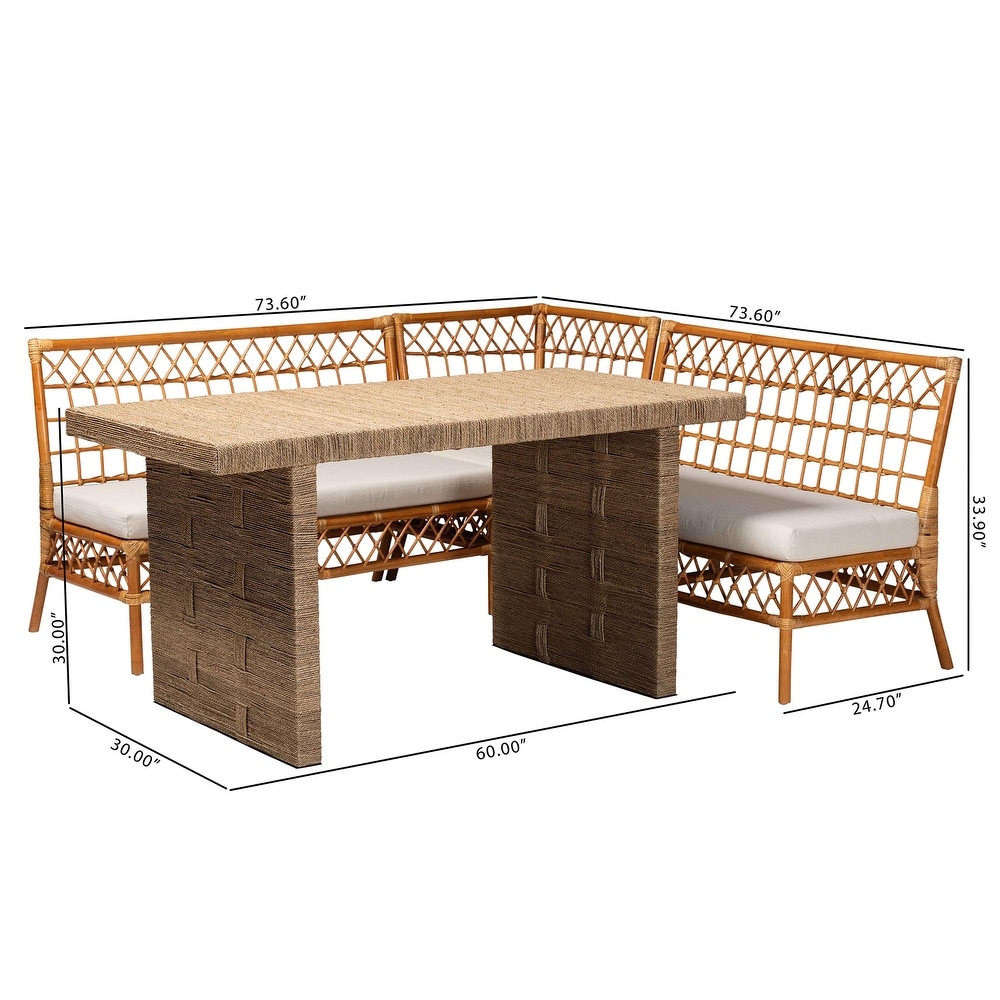 Abella Modern Bohemian Honey Rattan 4 Piece Dining Nook Set