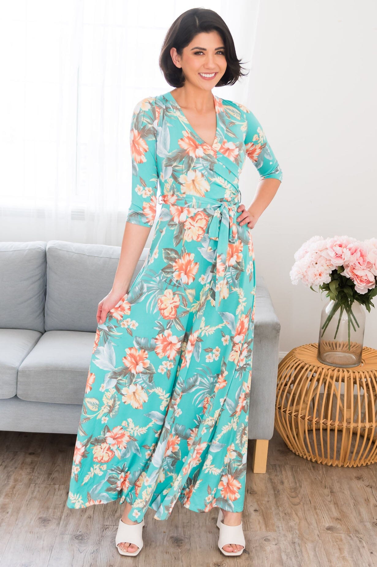 Crystal aqua floral plain long dress