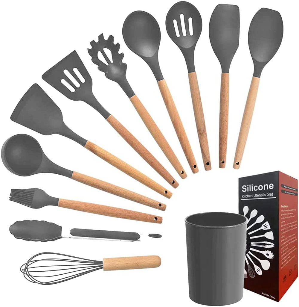 12 Pcs Silicone Kitchen Cooking Utensils Set , Silicone Kitchen Gadgets Spatula Set with Holder and Hooks, BPA Free & High Heat Resistance