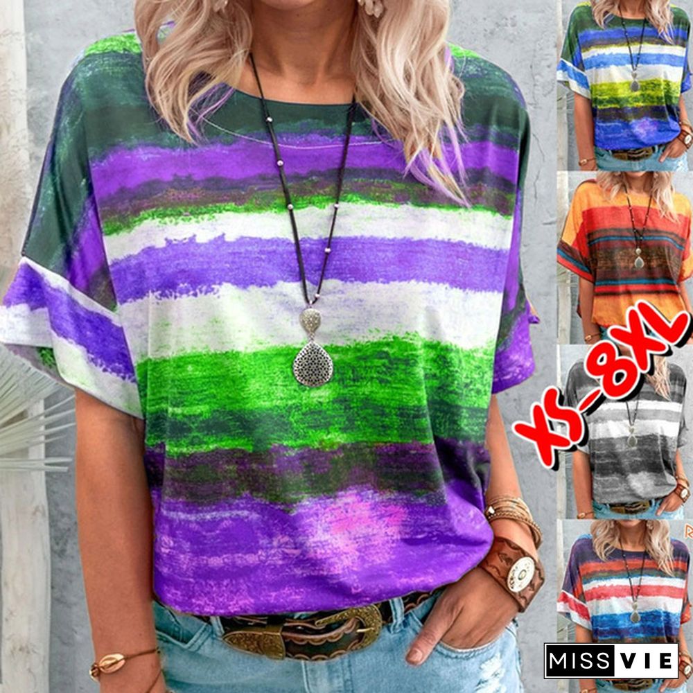 XS-8XL Spring Summer Tops Plus Size Fashion Women's Casual Short Sleeve Tee Shirts Block Color Striped Tops Ladies O-neck Printed Tops Cotton Loose T-shirts