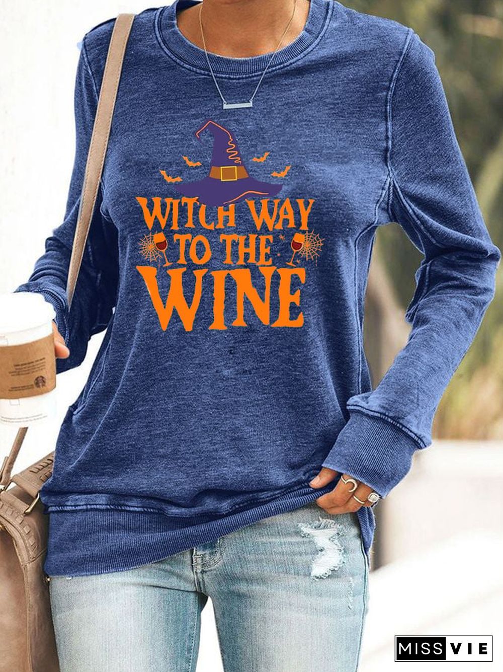 Women's Halloween Funny Witch Way To The Wine Printed Sweatshirt