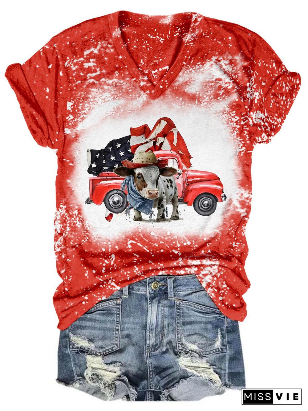 USA Flag Truck Calf Tie Dye V Neck T-Shirt