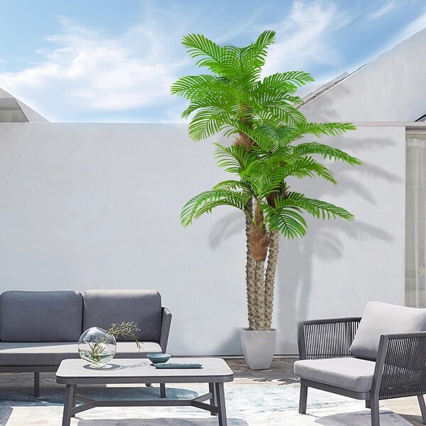 8.5ft Fake Palm Tree Triple Tropical Palm，Artificial Plant Tree Outdoor Indoor in Pot，Large Palm Plants，Green