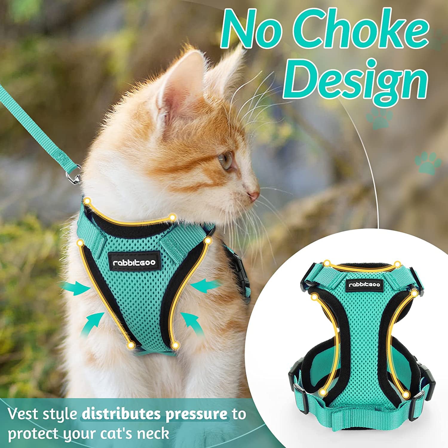 Rabbitgoo Cat Harness and Leash for Walking，Escape Proof Soft Adjustable Vest Harnesses for Cats，Easy Control Breathable Reflective Strips Jacket，Green