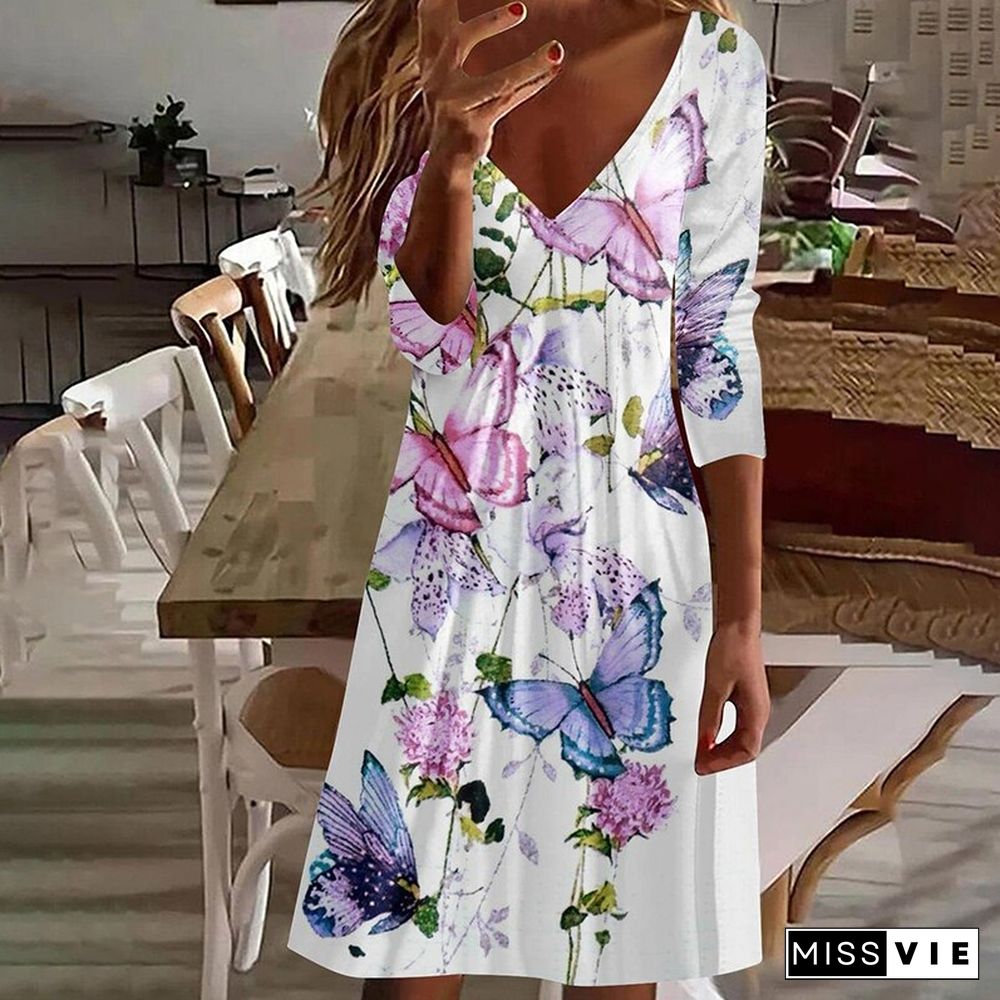 Vintage Print V-Neck Women Long Sleeve Dress Harajuku New Pullover Casual Street Dresses Women Autumn Loose Mini Dress Vestidos