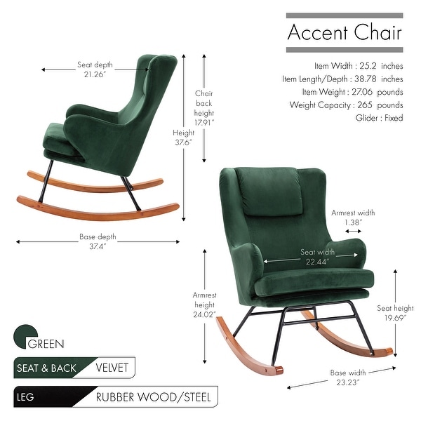 Porthos Home Dax Rocking Accent Chair， Velvet， Rubber Wood and Steel Legs