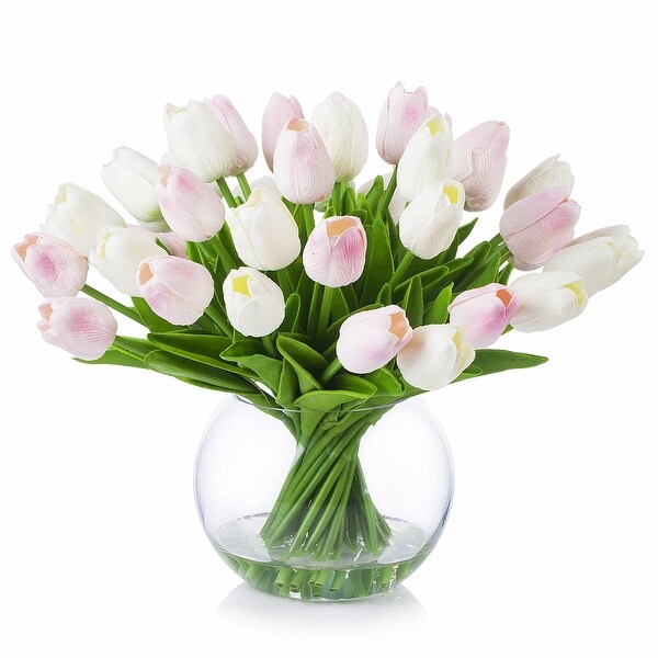 Enova Home Artificial Pink White Real Touch Tulips Fake Silk Flowers Arrangement in Clear Glass Vase for Home Office Decoration