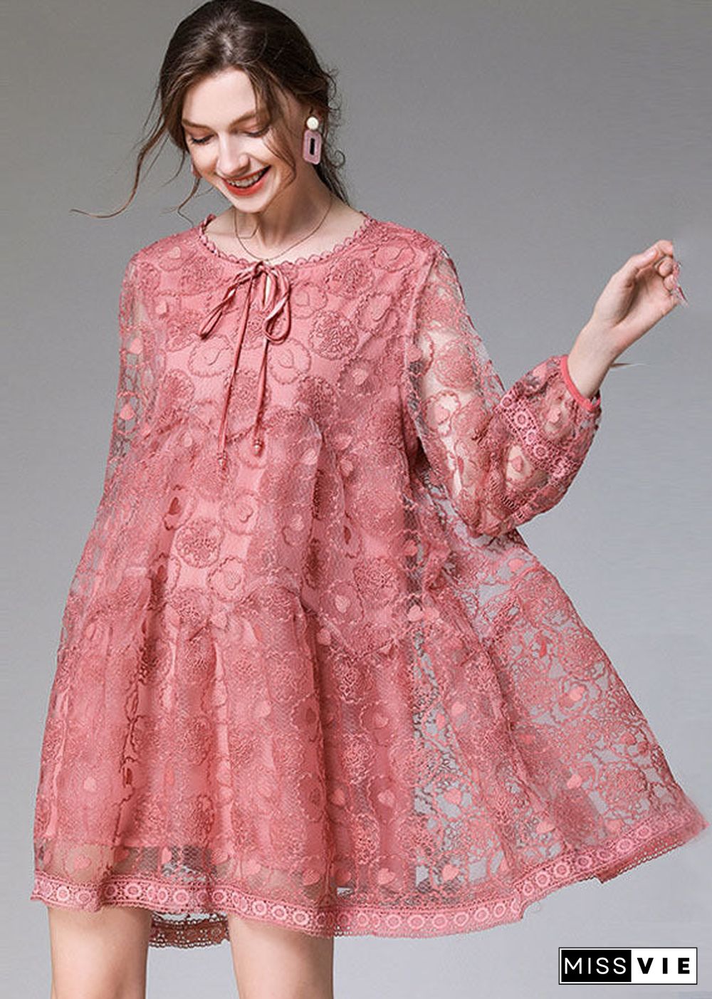 Fitted Pink Embroideried Patchwork Lace Mid Dress Long Sleeve