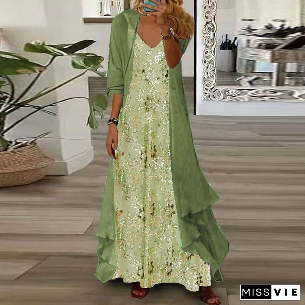 Fresh Green V-Neck Maxi Dress With Thin Jacket Two Piece Outfits