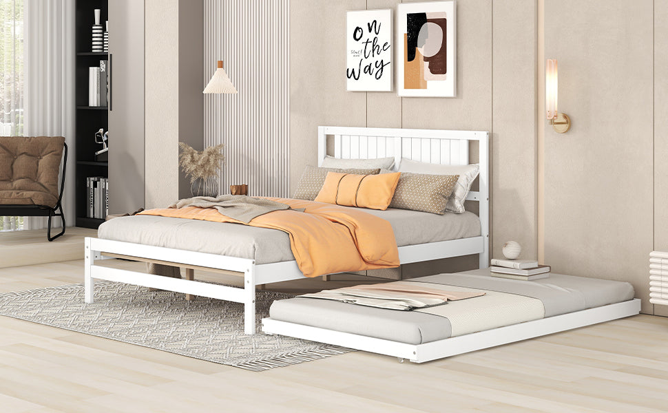 Platform Bed with Trundle Frame Set, Wooden Bed Frame with Headboard for Bedroom for Kids, White