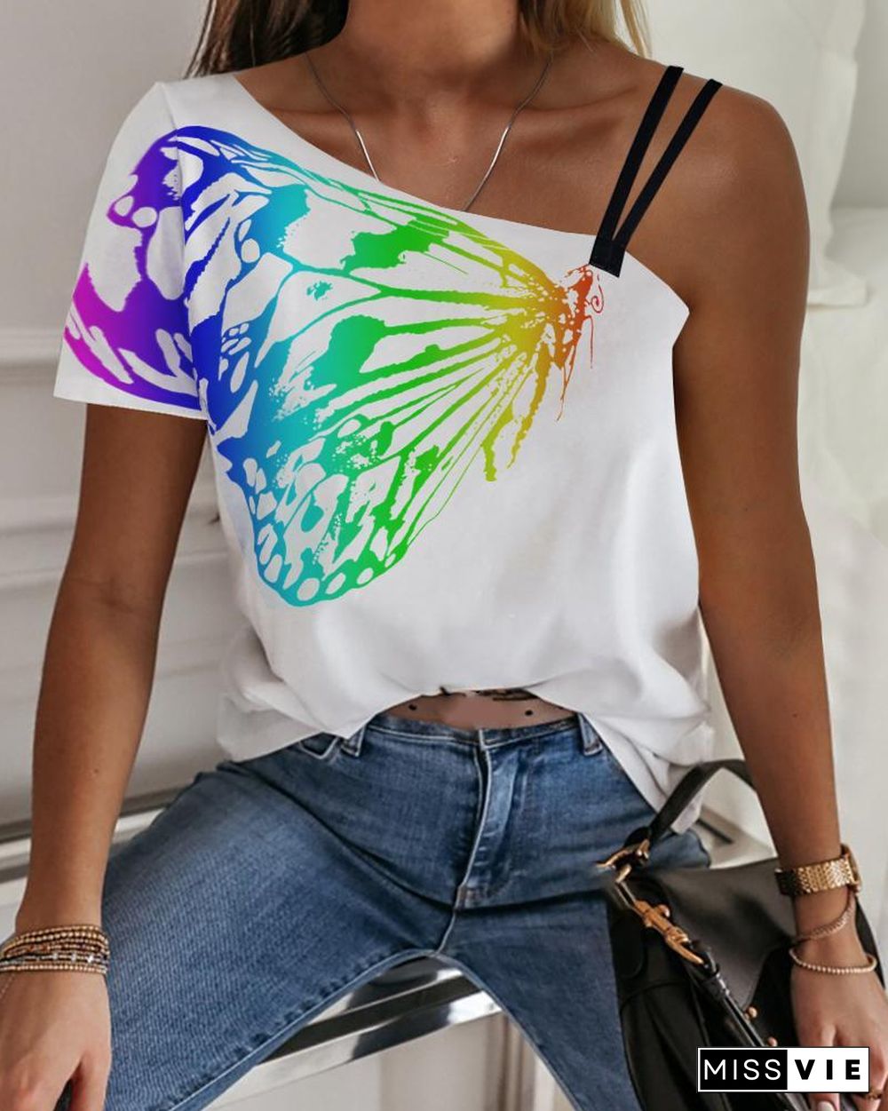 One Shoulder Butterfly Print Casual T-shirt P13715