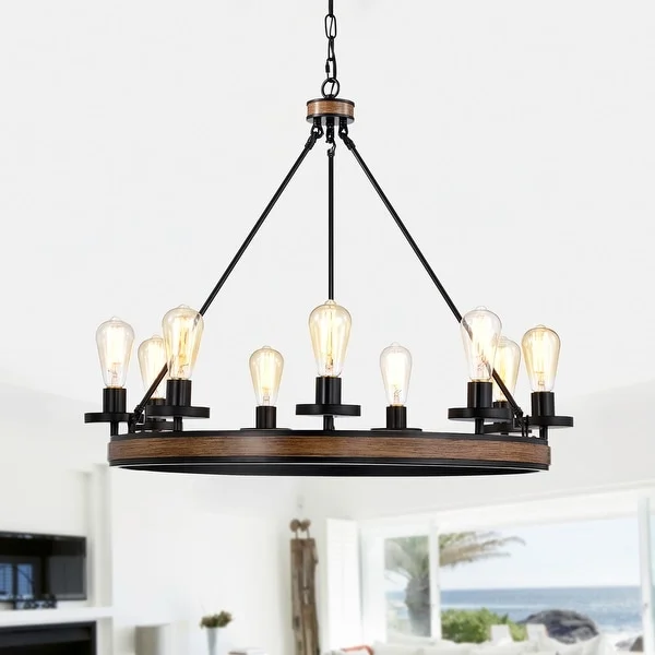 Aada Matte Black Metal 9 Light Wood Grain Finish Wagon Wheel Chandelier 32-Inch Shopping - The Best Deals on Chandeliers