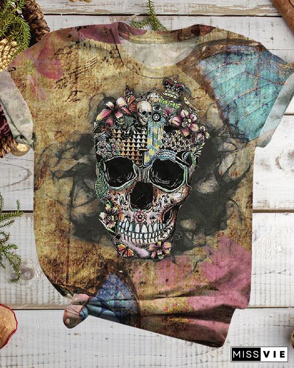 Women Plus Size Halloween Skull Flower Print Short Sleeve T-Shirts