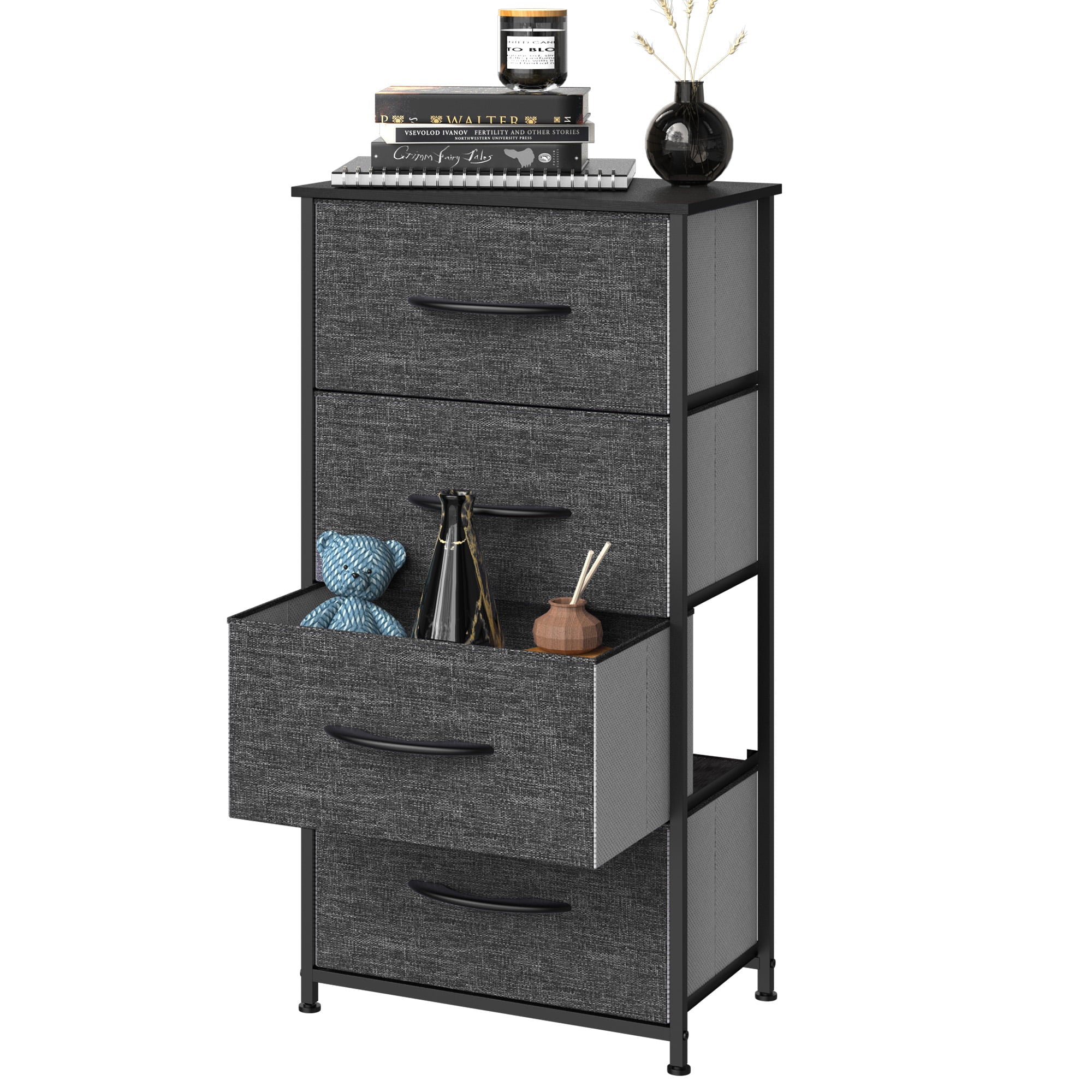 YINTATECH 4 Drawers Dresser Shelf Organizer Bedroom Bedside Storage Tower Black Grey