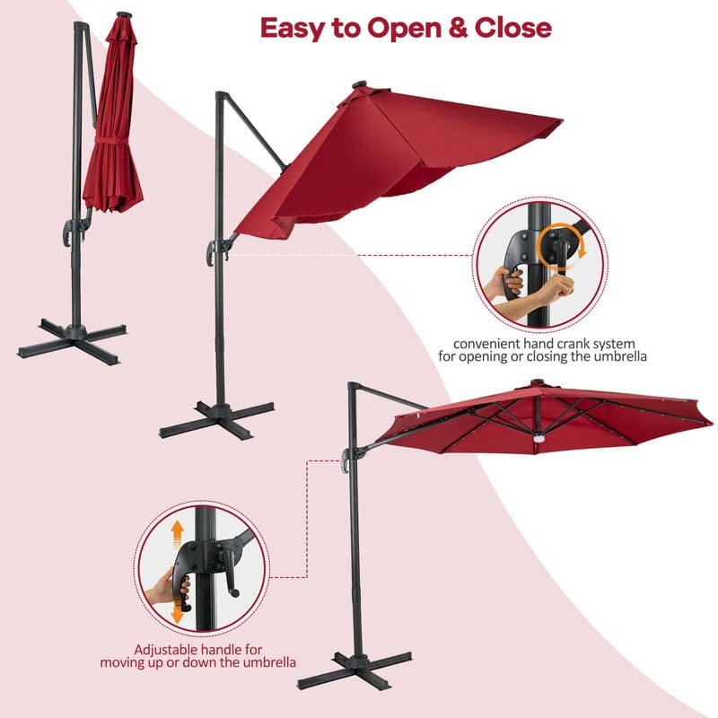 10 FT Cantilever Offset Patio Umbrella 28 Solar LED Lighted Market Umbrella with 3-Tilt Position, Crossed Base