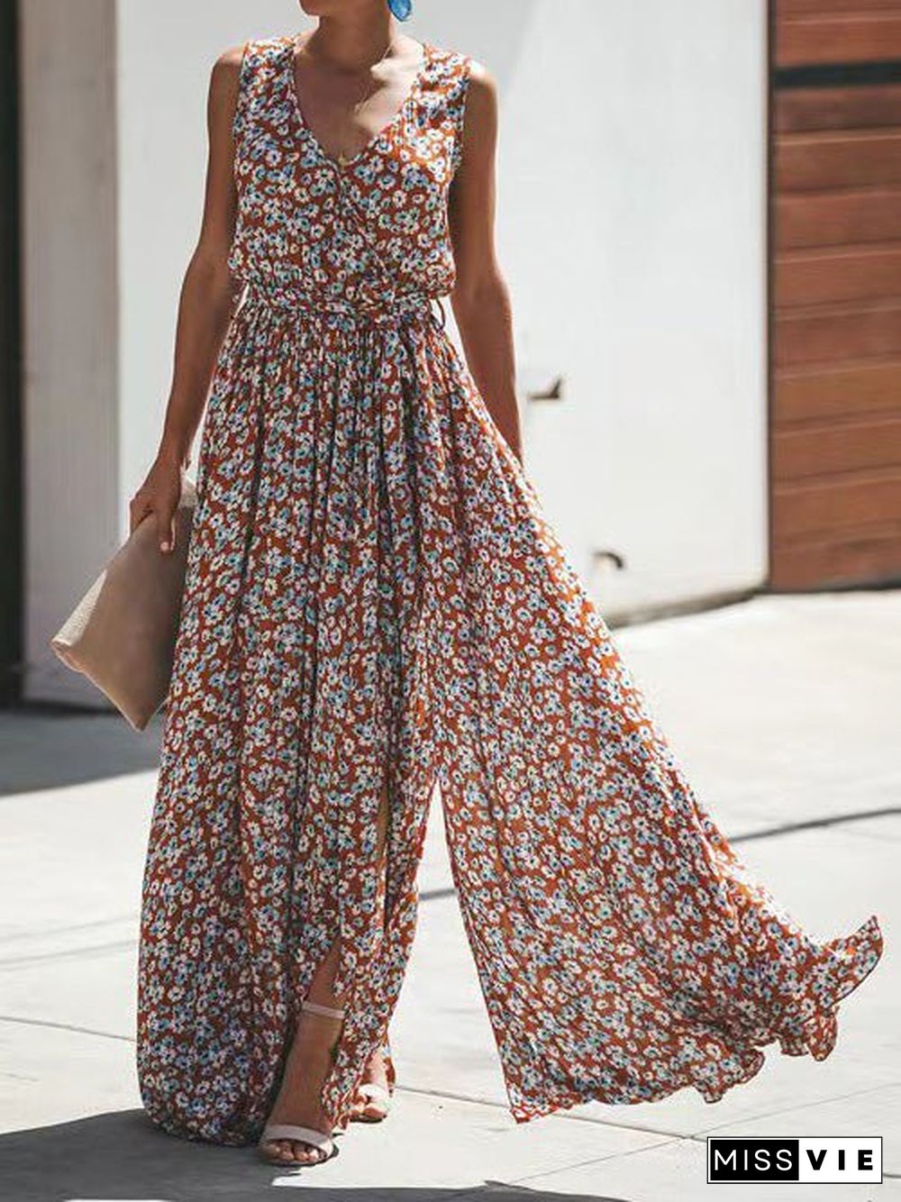 Women'S Dresses Floral Print V-Neck Sleeveless Slit Dress