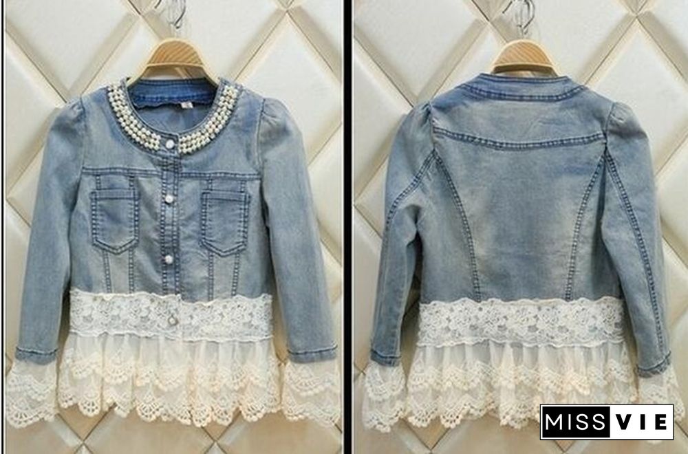 New Women Casual Denim Jacket Pearl Lace Splice Jean Coat Spring Summer Autumn Women Fashion Splice Coat Lace Jacket