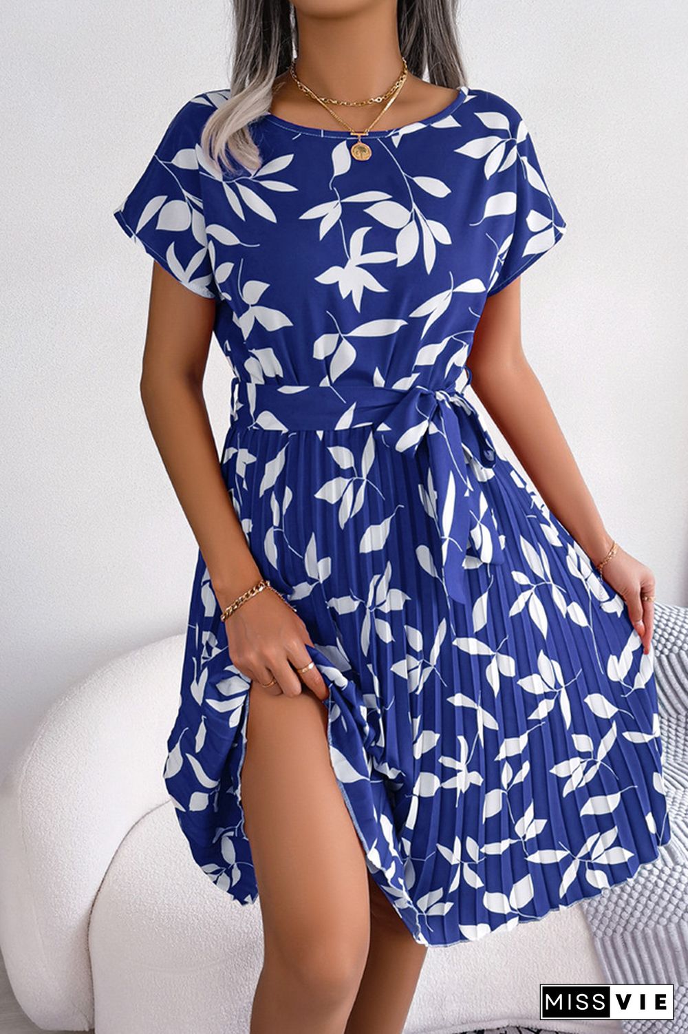 Leaf Print Pleated Midi Dress With Sash