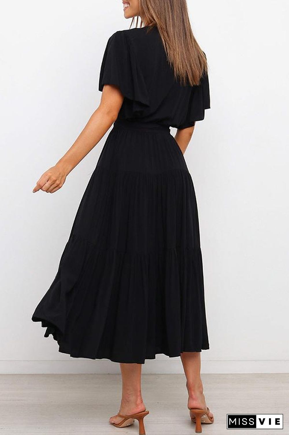 Ruffled Sleeve V-neck Tie Waist Maxi Dress P14492