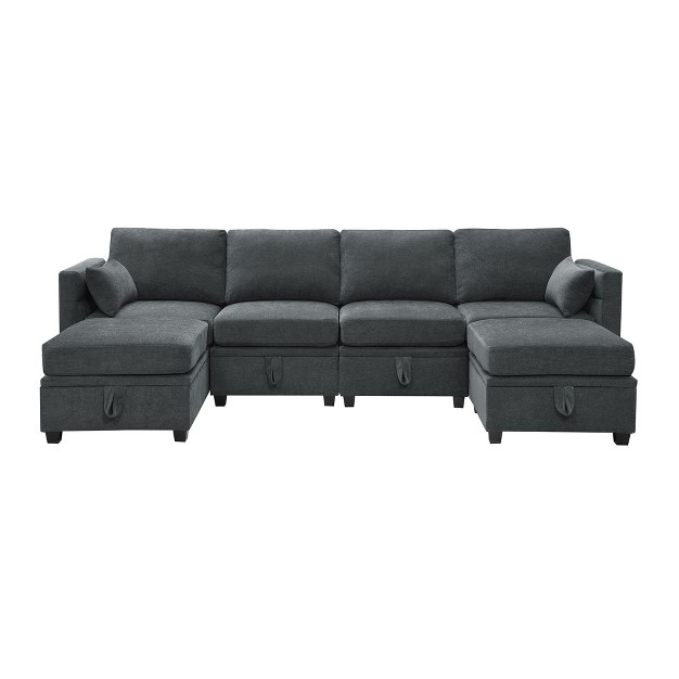 Chenille 6 seater U shaped Sectional Sofa With Adjustable Arms Backrest And Storage Seat Modernluxe