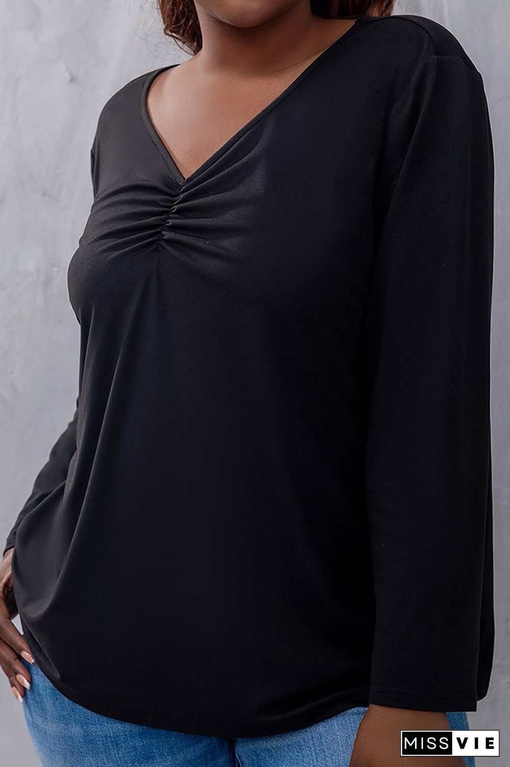 Black V Neck Ruched Bust Plus Size Top