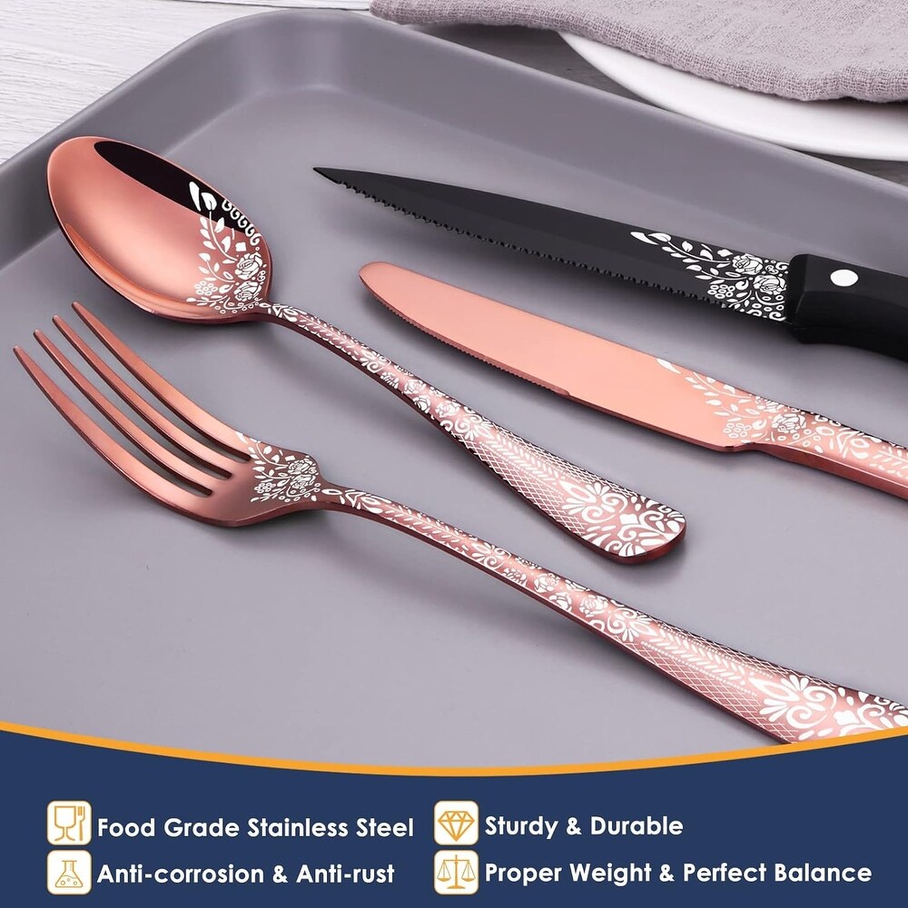 36 Piece Flatware Set with Unique Floral Laser