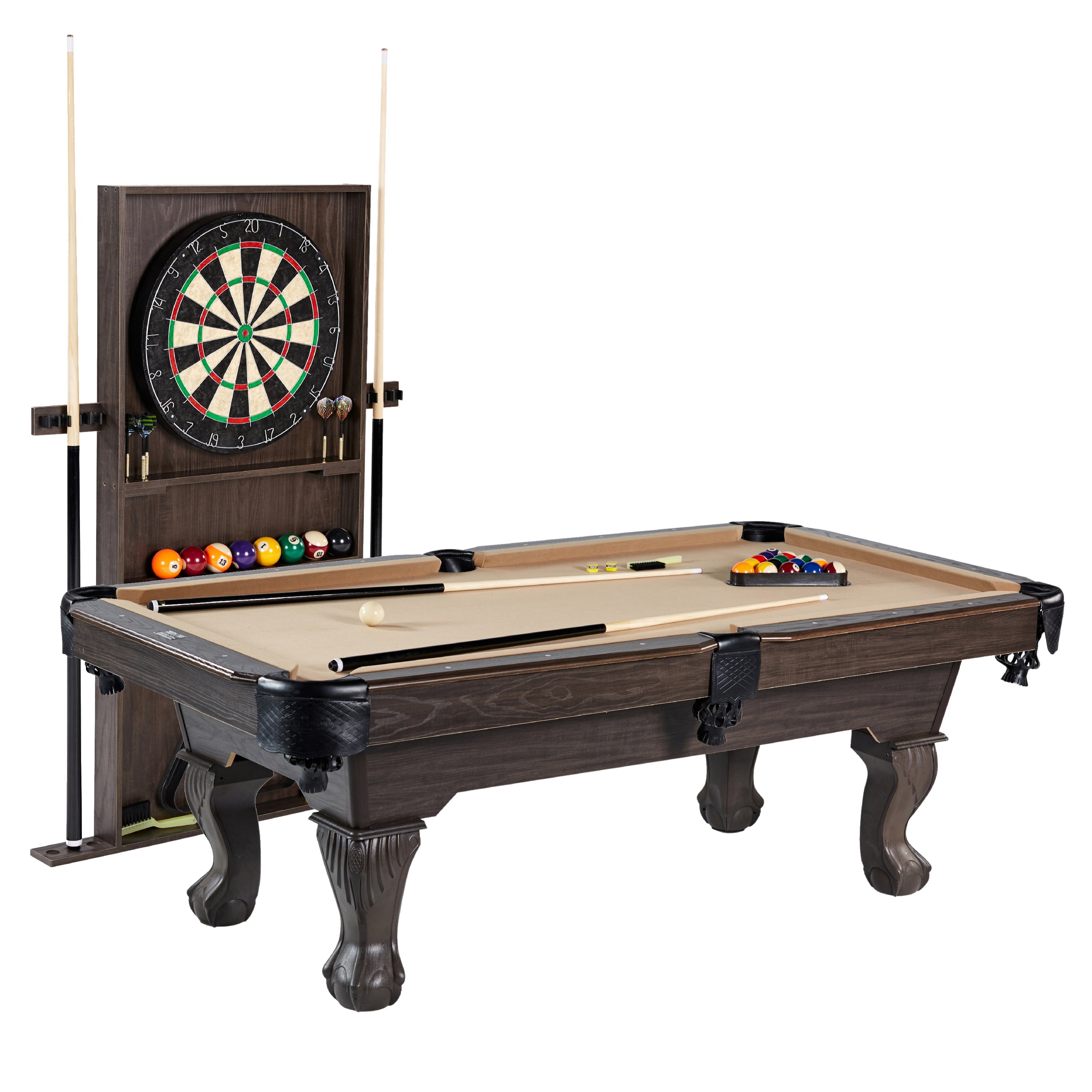 Barrington Billiards 90" Ball and Claw Leg Pool Table with Cue Rack, Dartboard Set, Tan