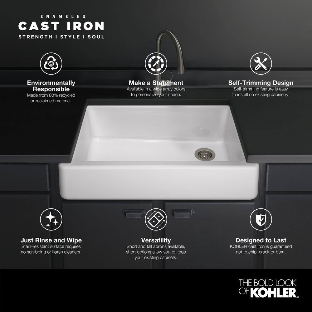 KOHLER Whitehaven SmartDivide Undermount Farmhouse Tall Apron Front 36 in. Double Bowl Kitchen Sink White with Basin Racks K-6427-0-5828-ST-5874-ST