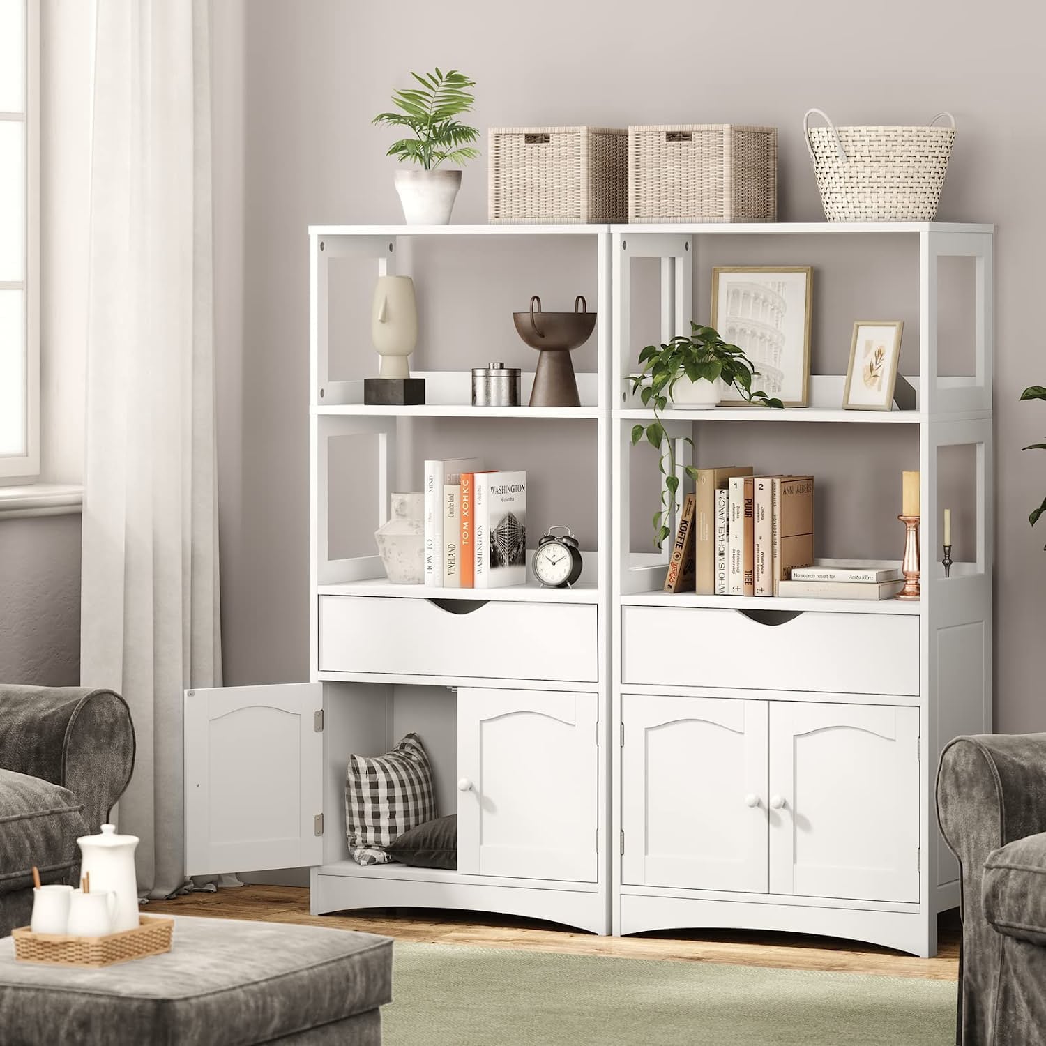 White Sideboard Storage Cabinets for Kitchen with Drawer， Pantry Storage Cabinet with Microwave Space and 1 Cupboard