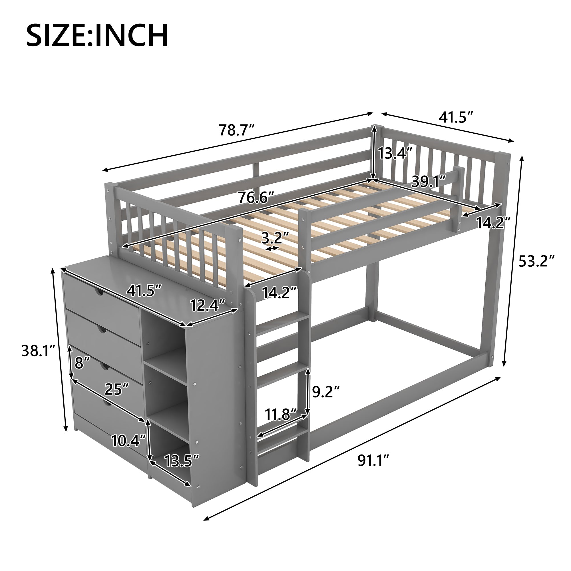 Euroco Twin over Twin Bunk Bed with Attached Cabinet and Storage Shelves for Kids, Gray