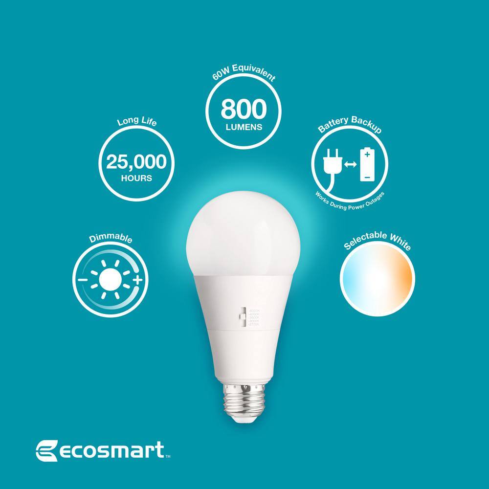 EcoSmart 60-Watt Equivalent A21 Dimmable CEC Battery Backup LED Light Bulb with Selectable Color Temperature (1-Pack) 11A21060WCCTB01