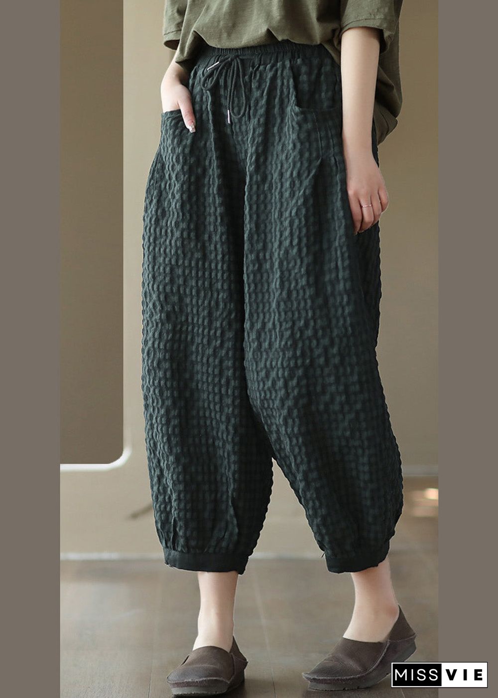 Blackish Green Tie Waist Cozy Crop Pants