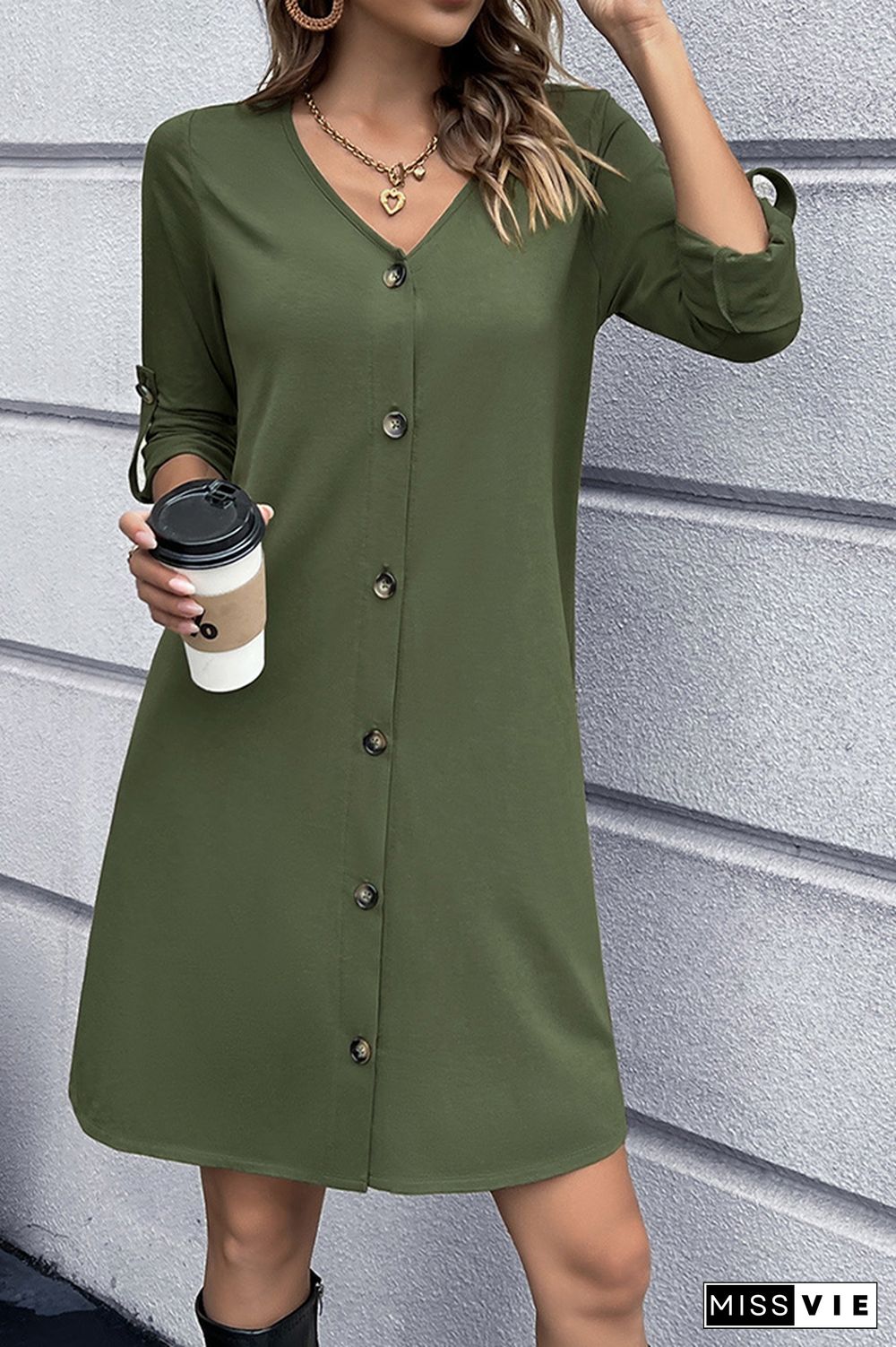 V Neck Front Open Button Long Sleeves Dress