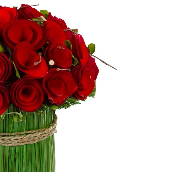 Wooden Roses and Grass Artificial Floral Bouquet Arrangement 11.5 Red