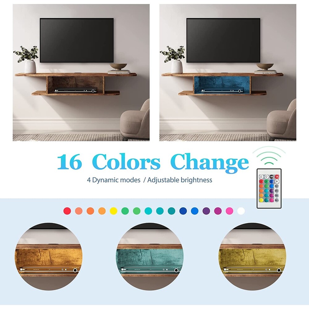 FITUEYES 2 Tier Floating TV Stand with LED Light  Floating TV Shelf Under TV for Living Room  Brown