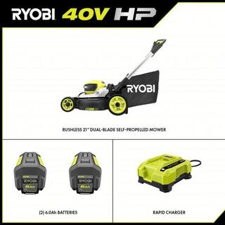 RYOBI 40V HP Brushless 21 in. Cordless Battery Walk Behind Dual-Blade Self-Propelled Mower with (2) 6.0 Ah Batteries  Charger RY401150