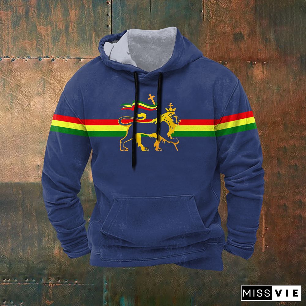 Retro Stripe Reggae Lion Print Graphic Hoodie