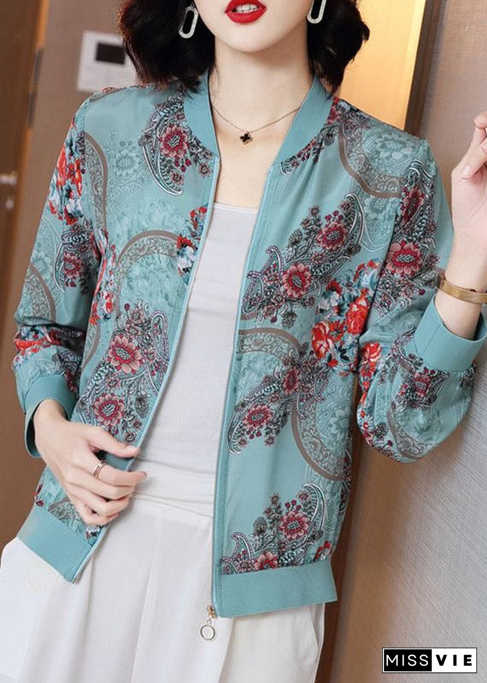 Elegant Blue Print Zippere Chiffon Sunscreen Sunscreen Coat Long Sleeve