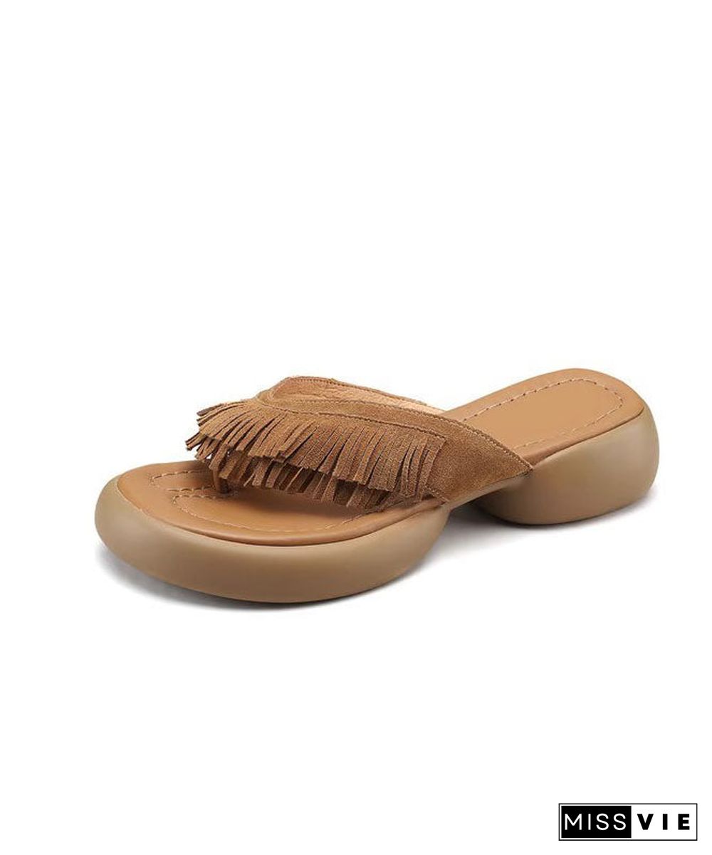 Brown Chunky Suede Boutique Tassel Splicing Slide Sandals