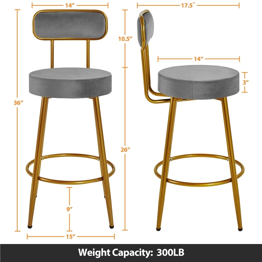 Yaheetech 2pcs Velvet Bar Stools With Gold Legs Counter height Bar Stools with Backrest and Footrest   N/A