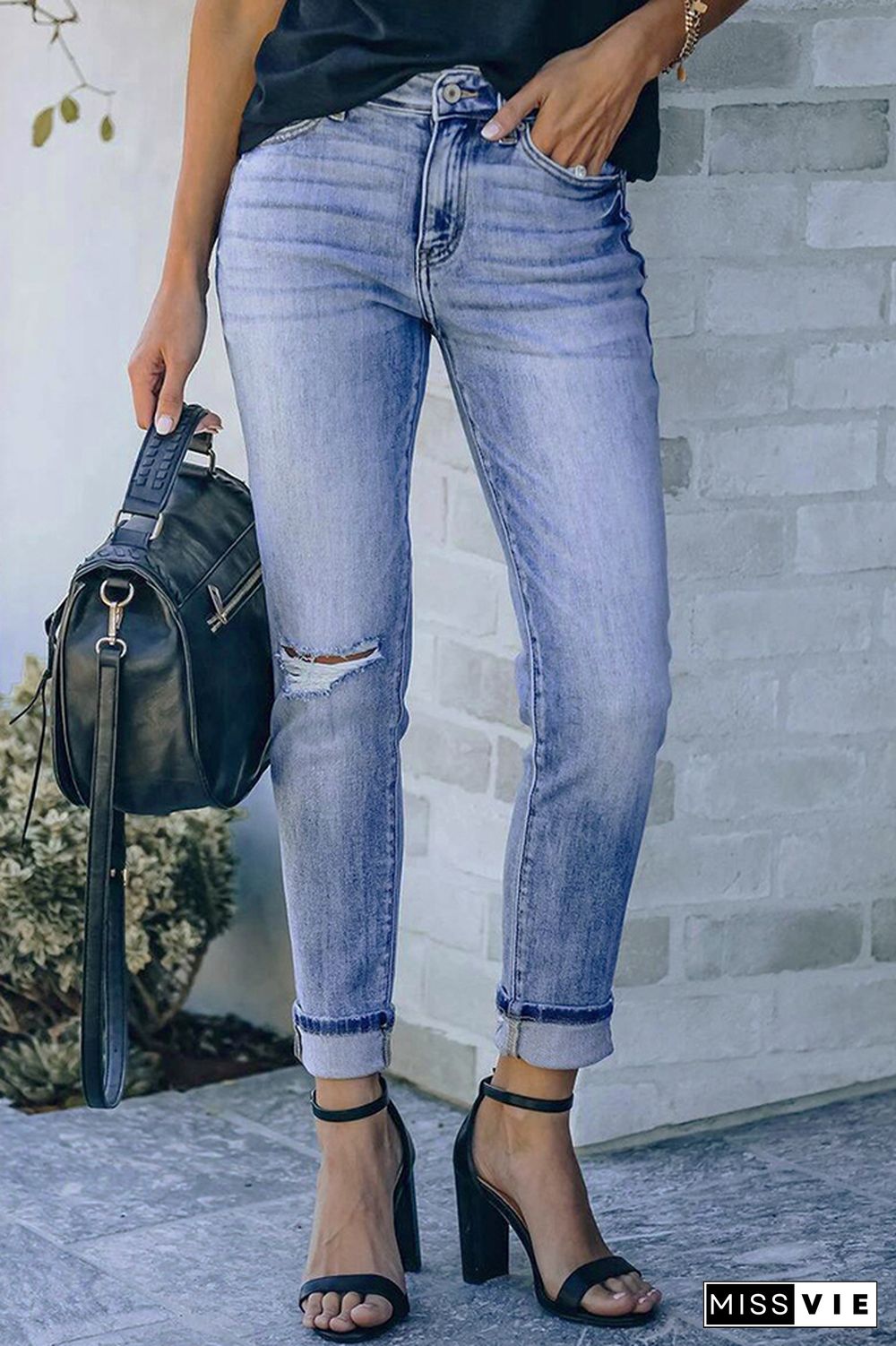 Ripped Mid Waist Jeans Wholesale