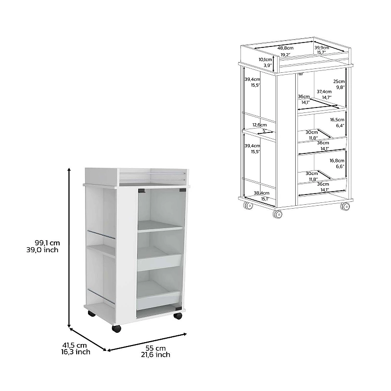 DEPOT E-SHOP Lansing Bar Cart with Glass Door， 2-Side Shelves and Casters， White