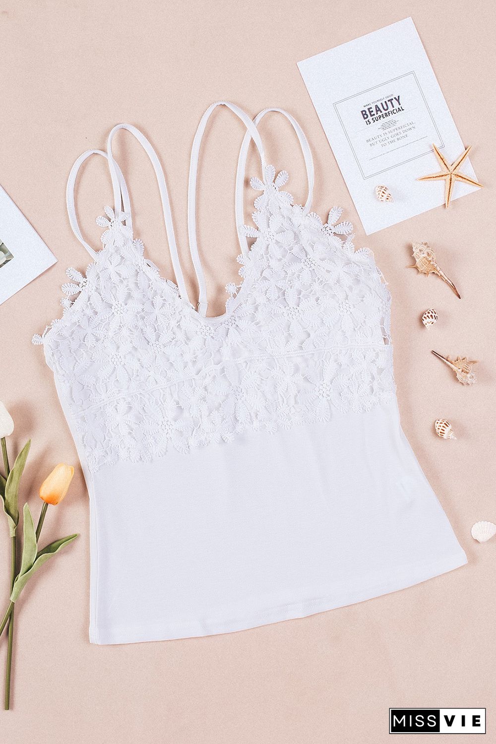 White Lace Overlay Strappy Hollow-out Tank Top