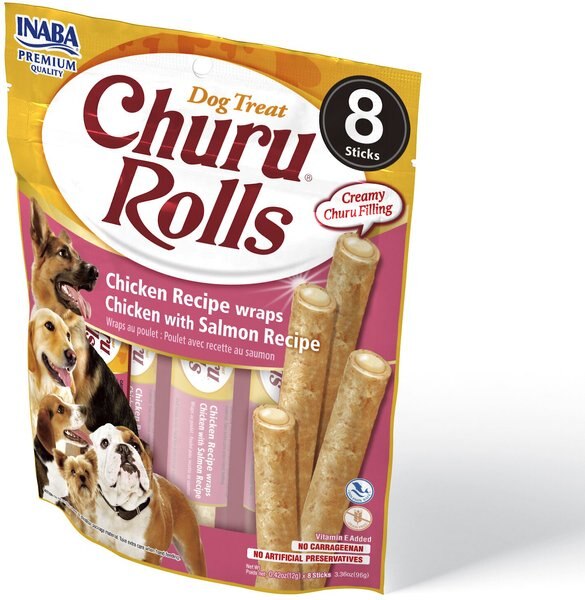 Inaba Churu Rolls Chicken with Salmon Recipe Grain-Free Soft and Chewy Dog Treats， 0.42-oz， pack of 8