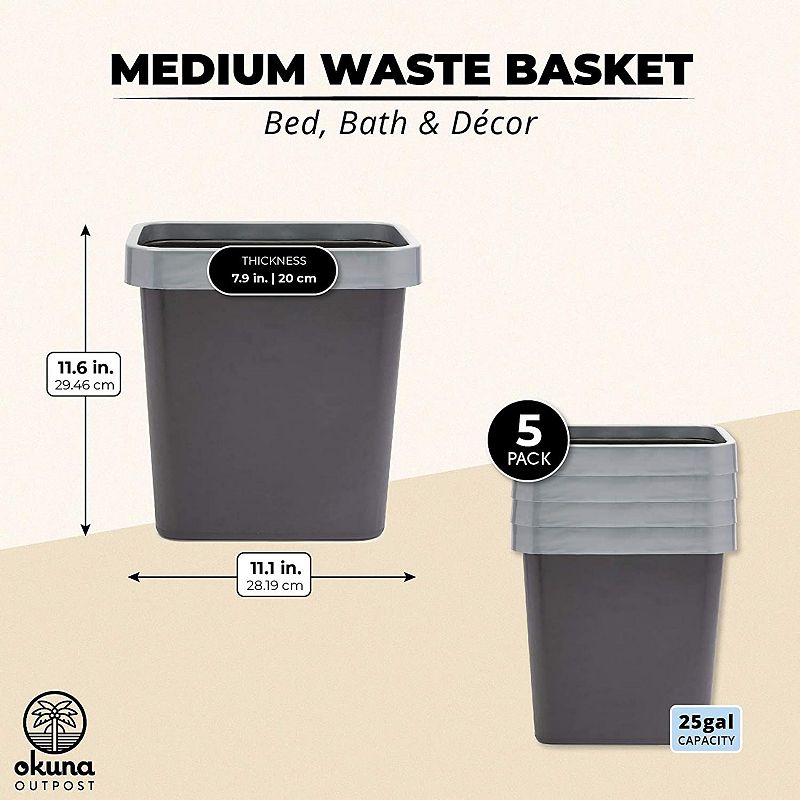 Medium Waste Baskets， Black Garbage Cans (11.6 x 11.1 x 7.87 in， 5 Pack)