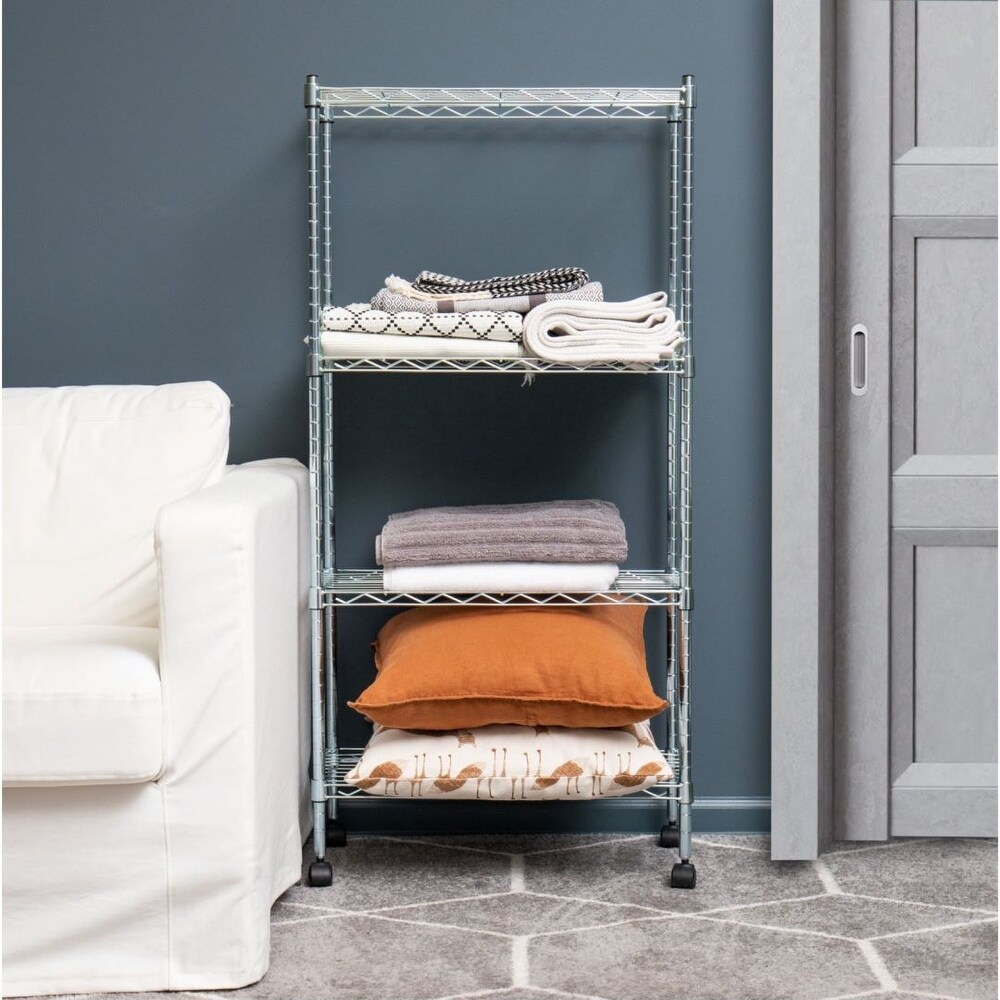 4 Tier Metal Adjustable Storage Rack with wheels Silver