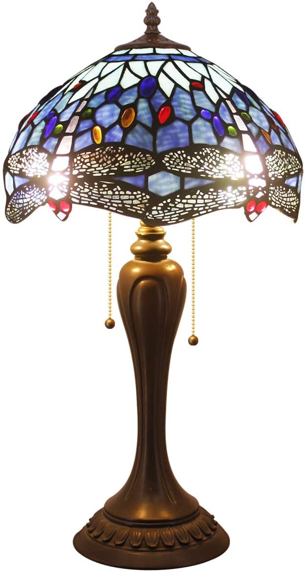 Tiffany Lamp Sea Blue Stained Glass Crystal Bead Dragonfly Bedside Lamp Desk Reading Light 12X12X22 Inches Decor Bedroom Living Room Home Office S004 Series