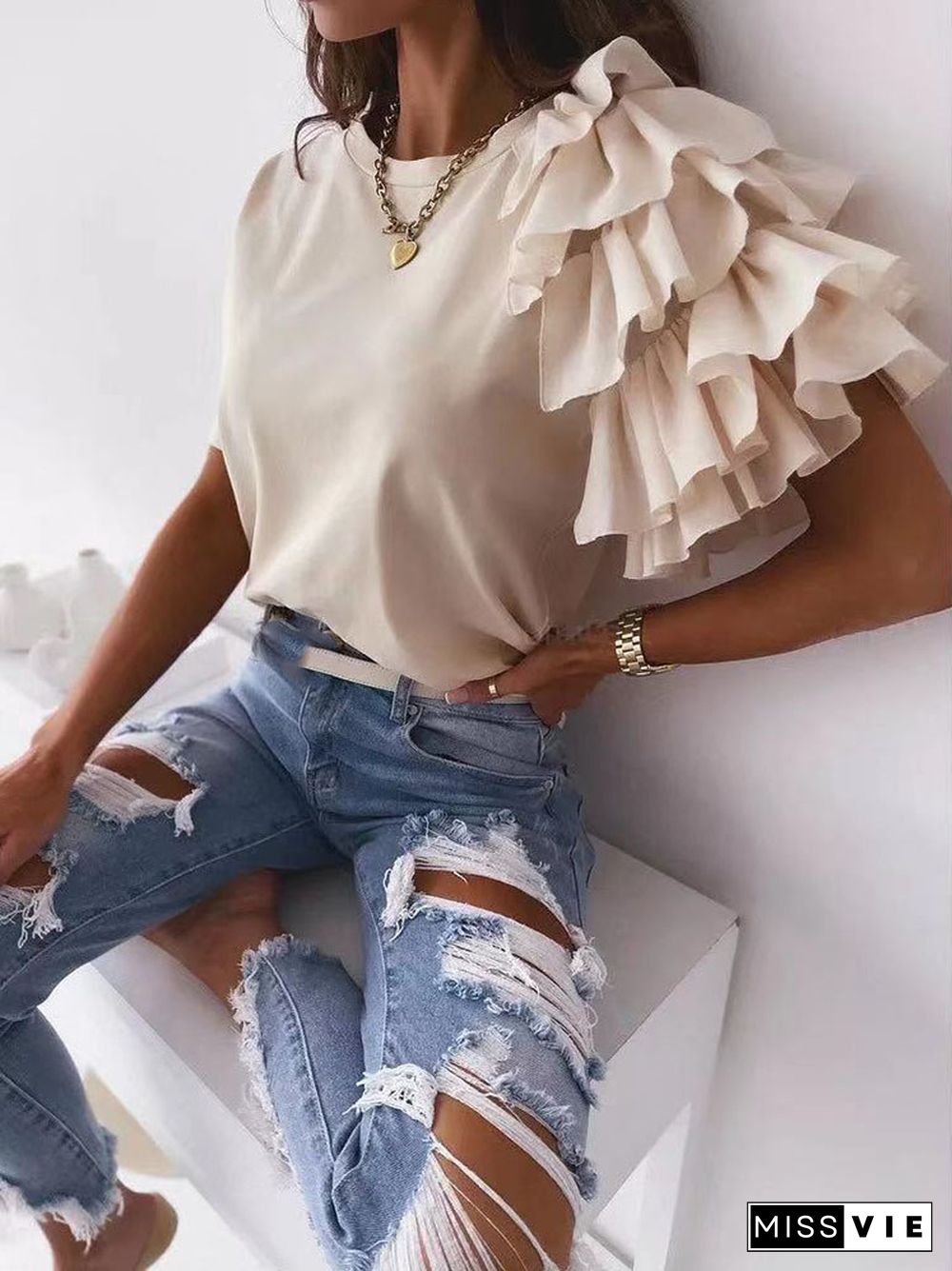 Summer Short Sleeve Women's T-Shirt Pullover Casual O Neck Blouse Fashion Layered Ruffle Top Shirt Streetwear For Women Clothing