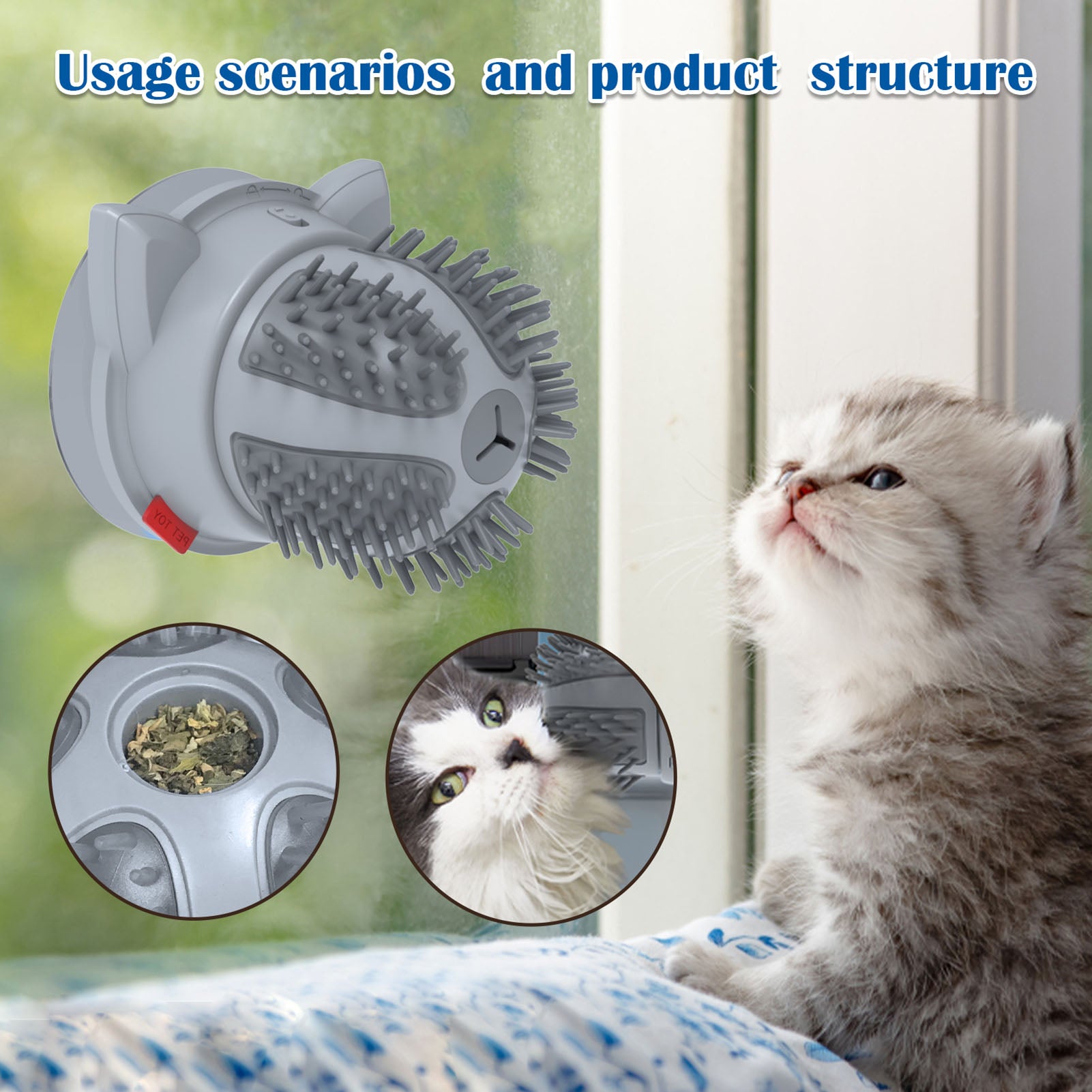 Automatic Cat Self Groomer Smart Cat Massager Self Cleaming Brush Comb 2-Speed Rotating with Color-changing Catnip Cat Interactive